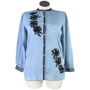Vintage Goa Tunic Top Women L Blue Chambray Floral Embroidered Long Sleeve Boho